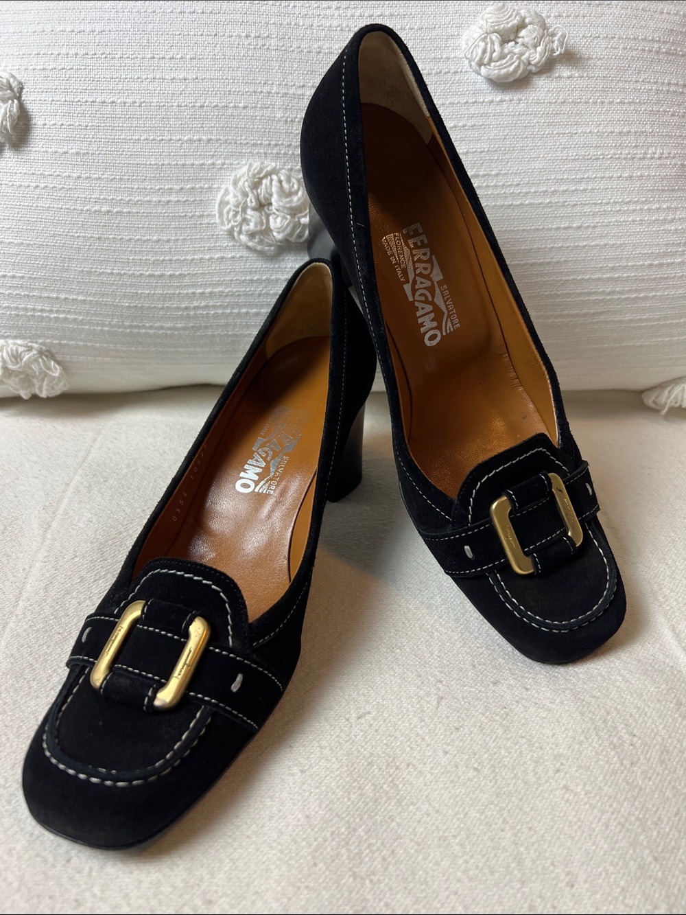 Salvatore Ferragamo Black Suede Heels with Gold Buckle